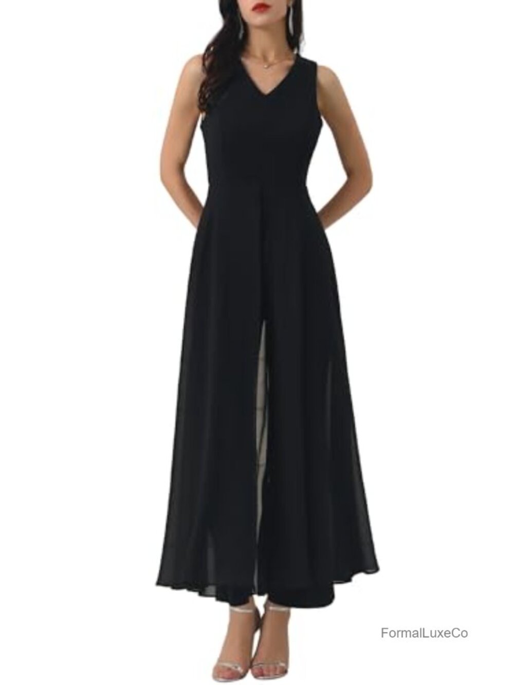 Women Chiffon Wide Leg Jumpsuit Sleeveless V Neck Formal Cocktail Party